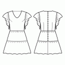 Dress-Semi-fitted-Above knee length-Regular armholes-Rounded V-neckline-No collar-No front closure-Dress with waist seam-2-tiered skirt-All front darts transferred to armhole-Back waist dart-Flounce sleeve