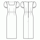 Dress-Fitted-Full length-Regular armholes-Wide square neckline-No collar-No front closure-Dress with waistband-Straight skirt-All front darts transferred to waist dart-Back waist dart-Gathered short sleeve