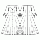 Dress-Semi-fitted-Tea length-Regular armholes-Comfy Queen Anne neckline-No collar-Button closure neckline to hem-Dress with high waist shaped inset-1/2 circle 6 panel skirt-Princess front seam: shoulder to waist-Back princess seam: shoulder to waist-Sleeve 3/4 with bow cuff