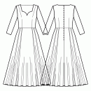 Dress-Oversize fit-Full length-Regular armholes-Comfy Queen Anne neckline-No collar-No front closure-Dress with waist seam-1/3 circle 6 panel skirt with two pleats-Front shoulder and waist darts-Back waist dart-Long sleeve