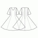 Dress-Semi-fitted-Tea length-Regular armholes-Rounded V-neckline-No collar-No front closure-Dress without waist seam-No waist seam, full circle panel skirt-Princess front seam: shoulder to waist-Back princess seam shoulder to waist-Flared sleeve, elbow length