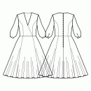 Dress-Semi-fitted-Maxi length-Low-cut V wrap-No collar-No front closure-Dress with waist seam-1/2 circle 6 panel skirt-Princess front seam: Upper armhole to waist-Back princess seam: back upper armhole to waist-Sleeve 3/4 gathered at the cuff