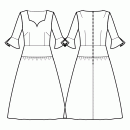 Dress-Semi-fitted-Tea length-Regular armholes-Comfy Queen Anne neckline-No collar-No front closure-Dress with skirt with yoke-Straight yoke at midhip-Gathered skirt-Front french and waist darts-Back shoulder and waist dart-3/4 Sleeve with pleated flounce