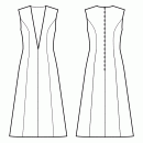 Dress-Fitted-Tea length-Regular armholes-Plunging neckline to waist-No collar for plunging neckline-Front center seam-Dress without waist seam-No waist seam, 6-panel skirt-Princess front seam: upper armhole to waist-Back princess seam upper armhole to waist-No sleeves