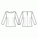 Top-Semi-fitted-Comfortable length-Regular armholes-Scalloped bateau neckline-No collar-No front closure-Top without waist seam-No waist seam, straight hem-Front french and waist darts-Back shoulder and waist dart-Long sleeve