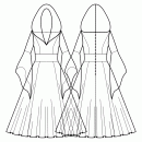 Dress-Semi-fitted-Full length-Regular armholes-Plunging heart bateau neckline-Hood-No front closure-Dress with high waist inset-1/2 circle 6 panel skirt-Princess front seam: shoulder end to waist-Back princess seams: shoulder end to waist-Elf Princess Sleeve