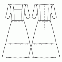 Dress-Semi-fitted-Ankle length-Regular armholes-Wide square neckline-No collar-No front closure-Dress with waist seam-2-tiered skirt-Princess front seam: neck top to waist-Back princess seam: neck top to waist-Mouton sleeve 1/2