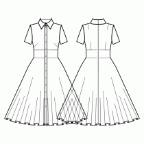 Dress-Fitted-Tea length-Regular armholes-Jewel neckline-Pointed collar with stand-Button closure neckline to hem-Dress with high waist inset-Semi circular skirt-All front darts transferred to french dart-Back shoulder and waist dart-1/8 sleeve