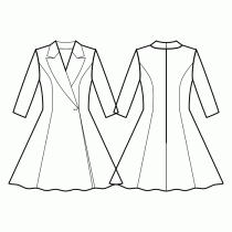 Dress-Fitted-Knee length-Regular V wrap-Jacket style collar with shaped curved lapel-No front closure-Dress without waist seam-No waist seam, half circle panel skirt-Princess front seam: upper armhole to waist-Back princess seam upper armhole to waist-3/4 sleeve