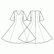 Dress-Semi-fitted-Tea length-Regular armholes-Rounded V-neckline-No collar-No front closure-Dress without waist seam-No waist seam, full circle panel skirt-Princess front seam: shoulder to waist-Back princess seam shoulder to waist-Flared sleeve, elbow length