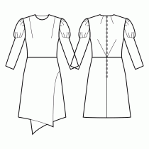 Dress-Semi-fitted-Design skirts-Laura (below knee)-Regular armholes-Jewel neckline-No collar-No front closure-Dress with waist seam-All front darts transferred to shoulder-Back mid neck and center waist darts-Sleeve with gathered inset