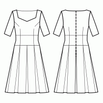Dress-Fitted-Midi length-Regular armholes-Geometric sweetheart bateau neckline-No collar-No front closure-Dress with waist inset-8-panel skirt with box pleats-Front armhole and waist darts-Back waist dart-3/8 sleeve