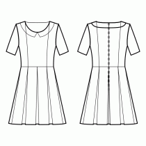 Dress-Semi-fitted-Knee length-Regular armholes-Round neckline-Peter Pan collar with straight corners-No front closure-Dress with waist seam-8-panel skirt with box pleats-Princess front seam: neck top to waist-Back princess seam: neck top to waist-1/4 sleeve