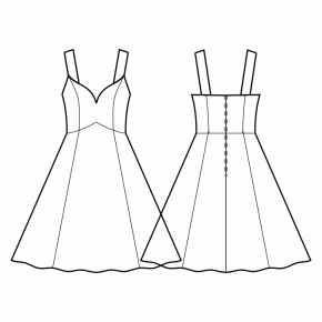 Dress-Semi-fitted-Midi length-Deep decollete-No top decoration-No front closure-Dress with shaped waist seam-High waist half circle panel skirt-Princess front seam: top to waist-Back princess seam: shoulder to waist-Wide Straps