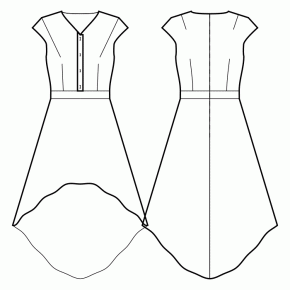 Dress-Semi-fitted-Short length-1-piece sleeves-1-piece wing sleeves-V-neckline-No collar-Button closure neck to waist-Dress with waistband-High-low (ANKLE) 1/3 circle skirt-Front shoulder end and waist darts-Back shoulder and waist dart