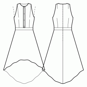 Dress-Semi-fitted-Knee length-Halter dresses-Jewel neckline / 1/3 shoulder-Classic back-No collar-Button closure neck to waist-Dress with waistband-High-low (ANKLE) 1/3 circle skirt-Front shoulder end and waist darts-Back shoulder and waist dart