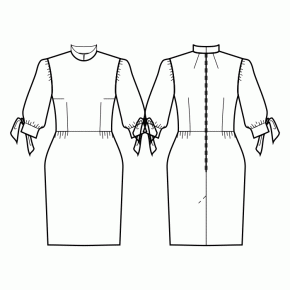 Dress-Fitted-Below knee length-Regular armholes-Tight neckline-Stand collar-No front closure-Dress with waist seam-Tulip skirt with gathers on the sides-Front horizontal and waist darts-Back mid neck and waist darts-Sleeve 3/4 with bow cuff