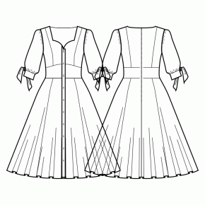 Dress-Semi-fitted-Tea length-Regular armholes-Comfy Queen Anne neckline-No collar-Button closure neckline to hem-Dress with high waist shaped inset-1/2 circle 6 panel skirt-Princess front seam: shoulder to waist-Back princess seam: shoulder to waist-Sleeve 3/4 with bow cuff