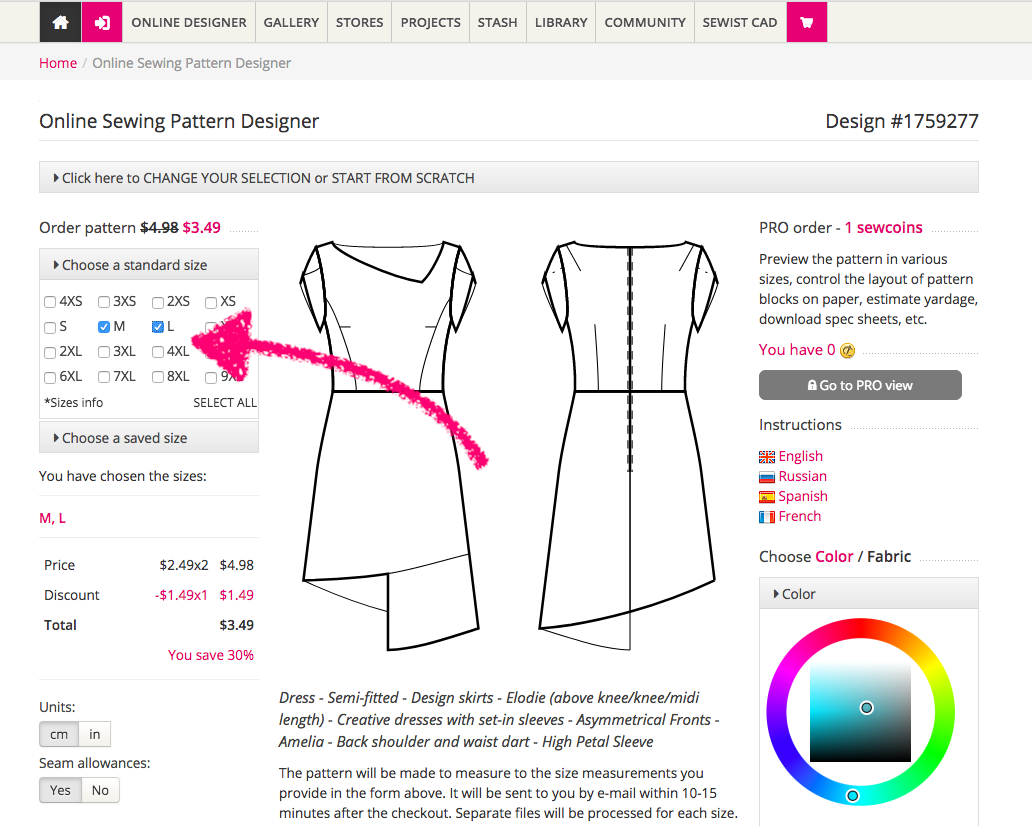 Ordering sewing patterns for standard size(s) - Sewist CAD Manual